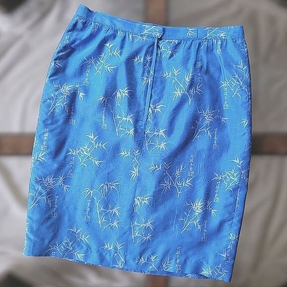 Vtg raw silk blue bamboo print skirt set - Picture 9 of 16